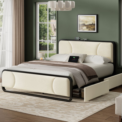 Upholstered Platform Bed with 2 Storage Drawers, Modern Bed Frame with Charging Station, Storage Bed with Velvet Tufted Headboard, No Spring Boxing Needed