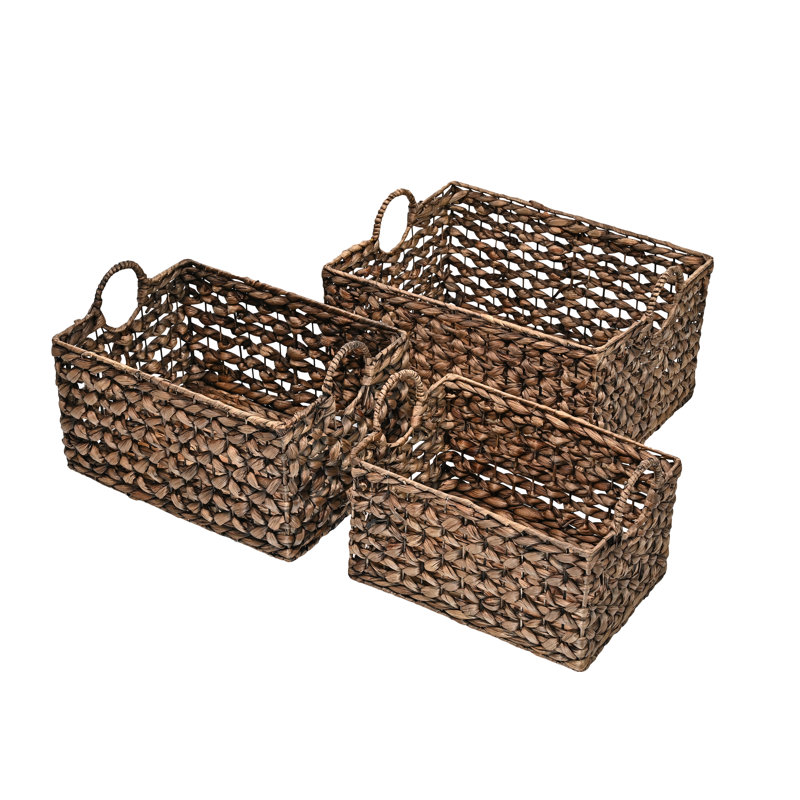 Burruss Bohemian Cottage Woven Hyacinth Rectangular Storage Baskets with Handles (Set of 3), Brown