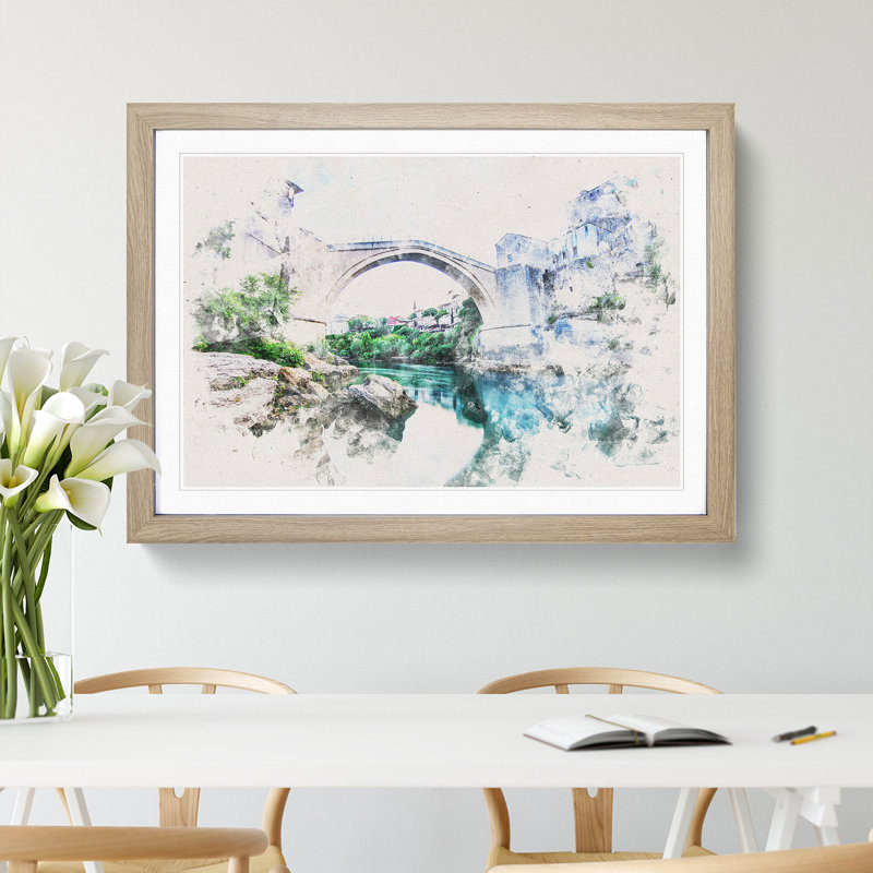 Stari Most Old Bridge - Picture Frame Graphic Art Print, 27cm H x 36cm W x 2cm D, Oak Framed