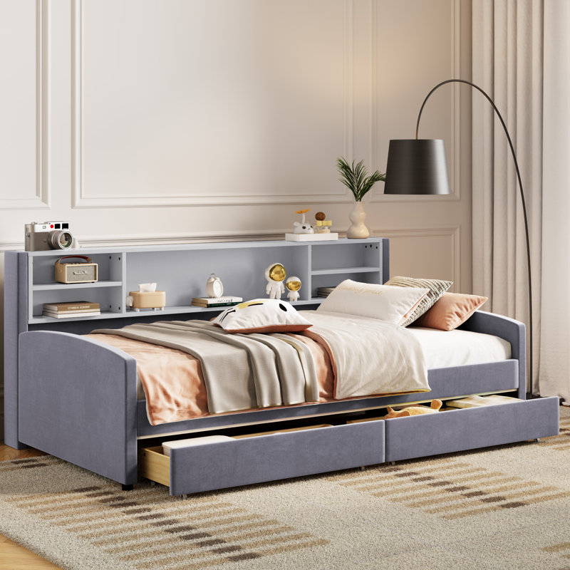 Lit plateforme simple tapissier avec rangement et tiroirs, gris, Gris