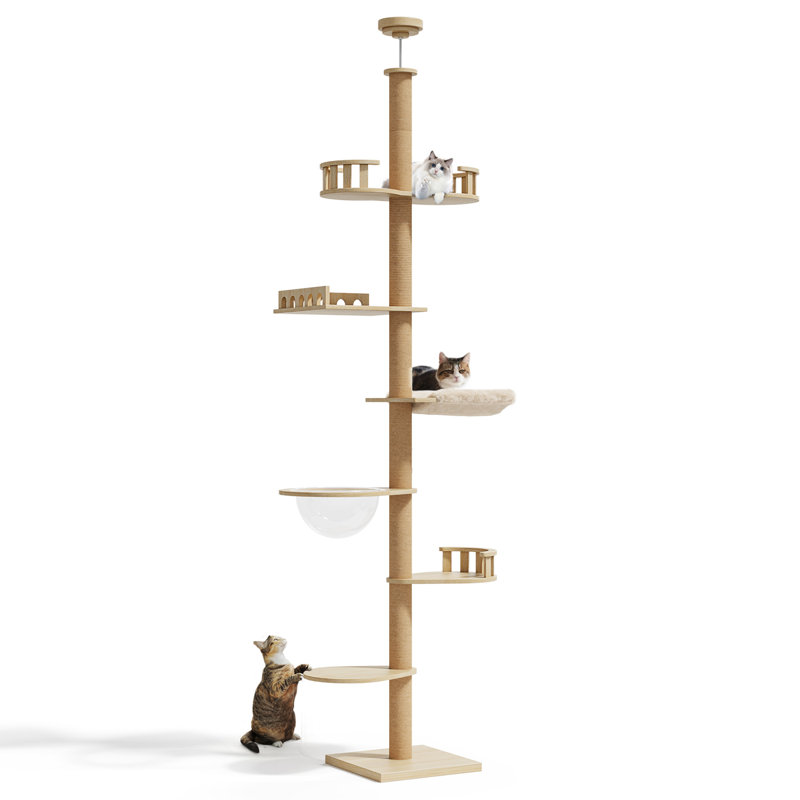 Arbre à chat - Tour réglable du plancher au plafond (86 à 105 po) avec 6 niveaux, poteaux à griffer en chanvre et coussins lavables amovibles pour chats actifs