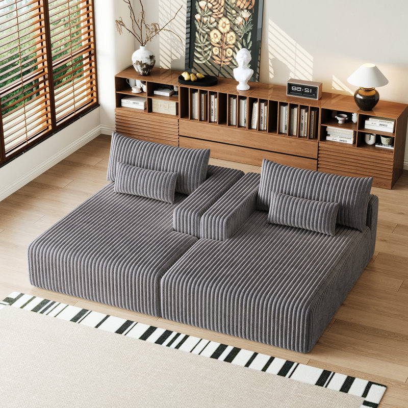 Wommack Comfy Sectional Lounge Chaise, Velours côtelé gris