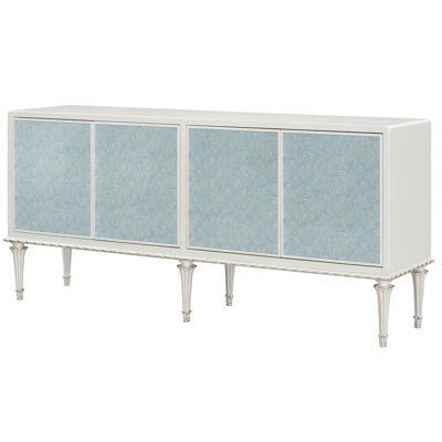 Elegant Cabinet In Pearl White & Silver With Glass Front And Wooden Leg Detailing Console Magnetic Door