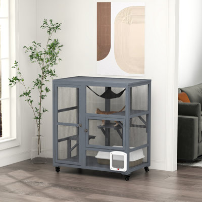 Enclos pour chat d'intérieur, 39 po en bois avec roulettes, gris - plateformes multi-niveaux, et porte à rabat pour 2 chats pesant jusqu'à 12 lb rassemblés dans un enclos total en bois, chacun
