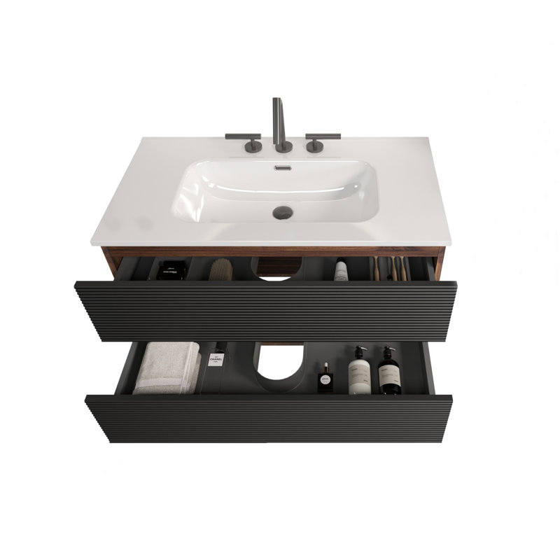 Meuble-lavabo mural 36 po avec lavabo intégré en céramique à 3 trous, avec trop-plein, grand meuble-lavabo flottant avec rangement pour salle de bain moderne, KD
