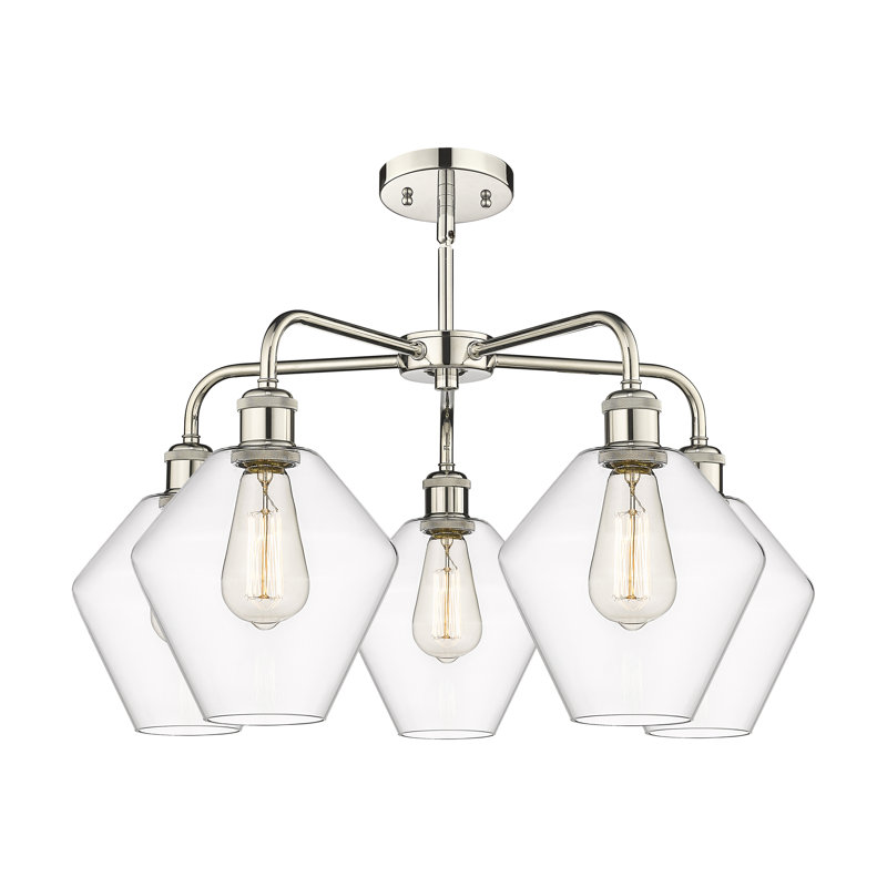 5 - Light Dimmable Teardrop Chandelier, Clear, Polished Nickel