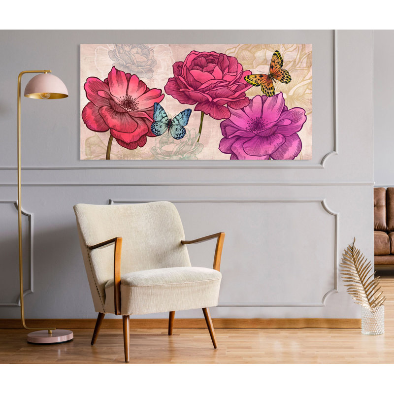 Roses And Butterflies by Eve C. Grant - Wrapped Canvas Print, 70cm H x 140cm W x 4cm D