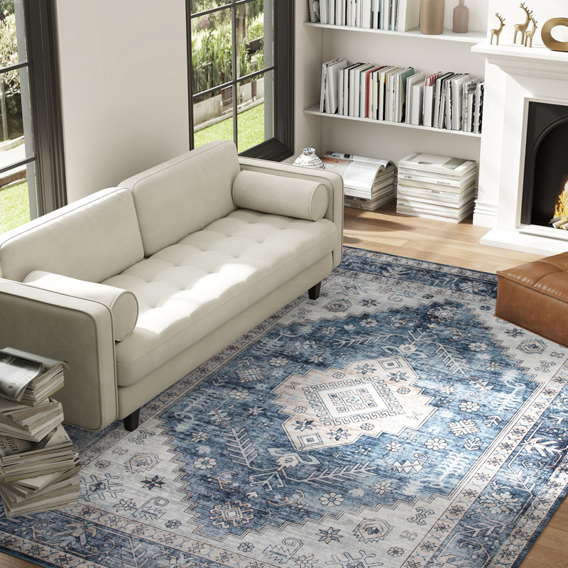 Tapis vintage lavable à la machine pour le salon, bleu, Rectangle 6 pi x 9 pi