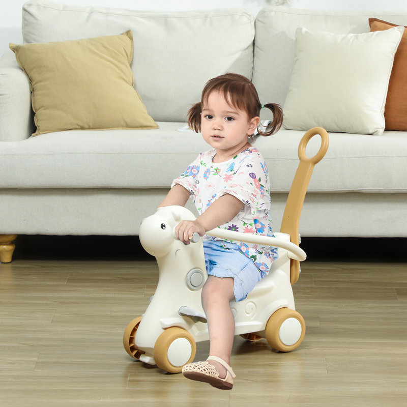 Cheval à bascule pour tout-petits 5 en 1 pour enfants, chariot à poussoir à balançoire à bascule pour enfant avec base amovible, chaise berçante en forme d'alpaga avec garde-corps de sécurité, repose-pieds, poignée à pousser