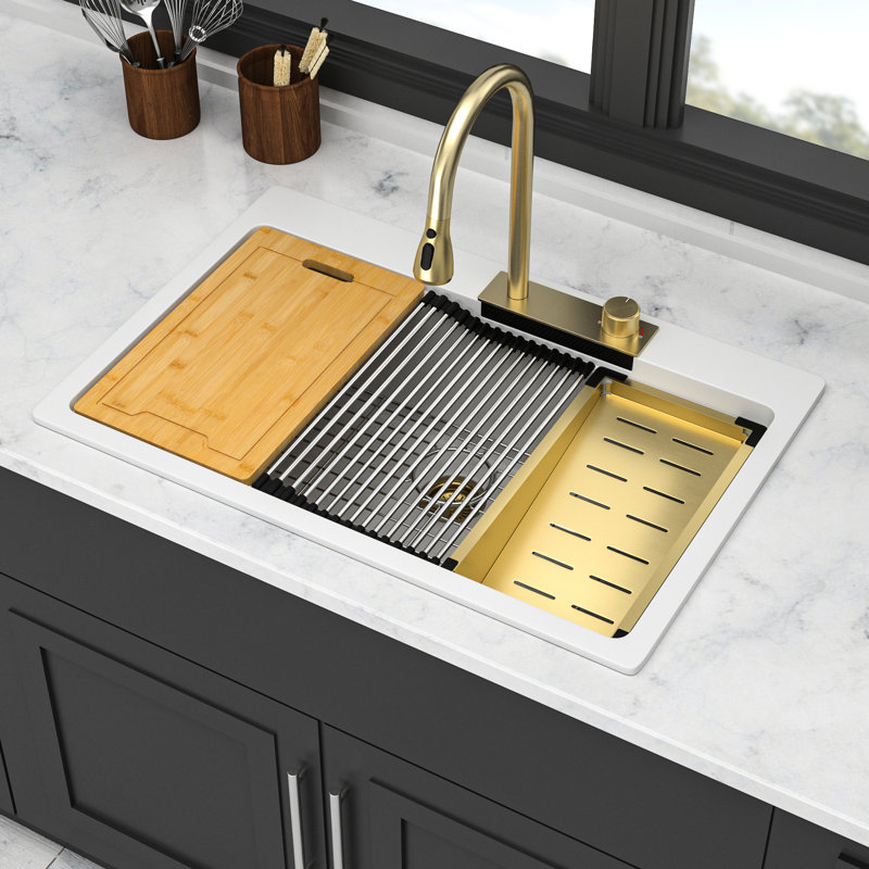 33"X22" Kitchen Sink - White Quartz Composite With Waterfall Feature & Pull-Out Faucet For Workstation And Assorted Accessory Combos 33X22" Charm, Aggregations