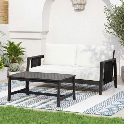 2-Person 2-Piece Modern Acacia Wood Outdoor Patio Furniture Set,Loveseat With Coffee Table With Thick Cushions