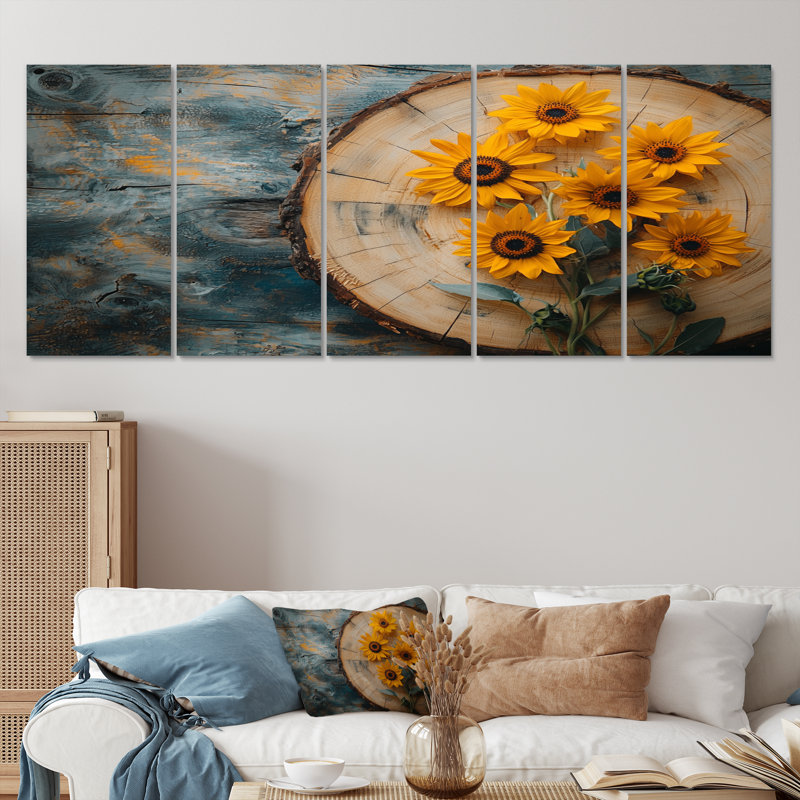 Décoration murale traditionnelle tournesols Donnivan - 5 pièces, H 32 po x l 80 po