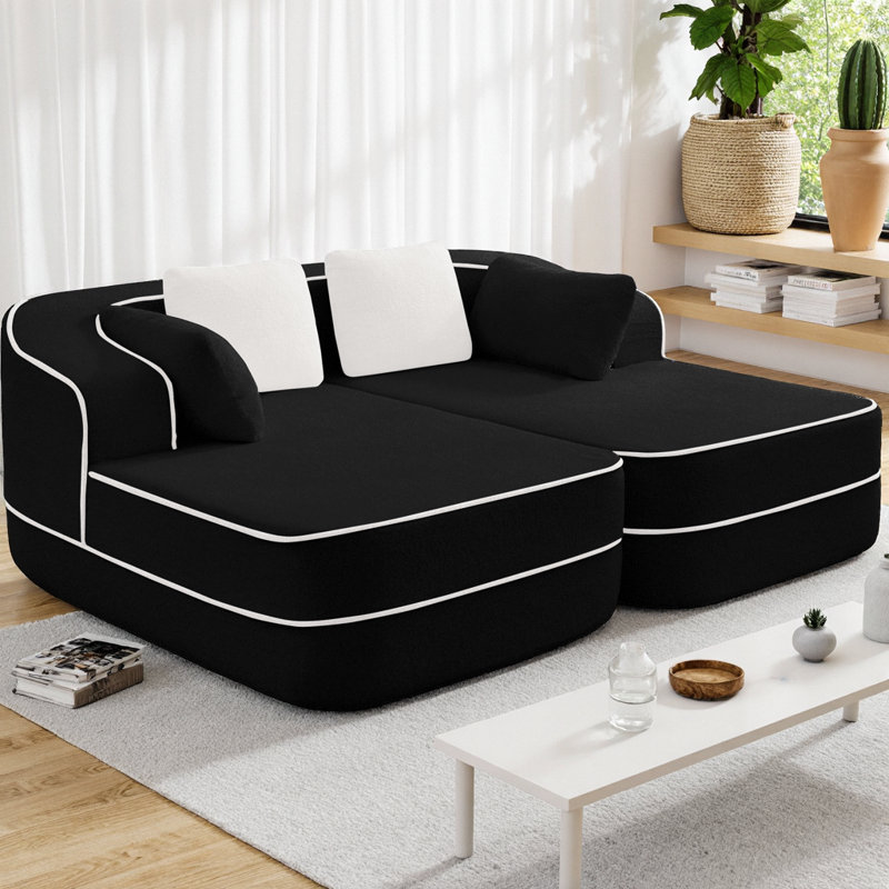 Canapé 77,2 po en tissu Teddy sans assemblage avec double chaises, canapé-lit 32D haute densité en éponge, sensation de nuage moelleux, couleur contrastante et design symétrique