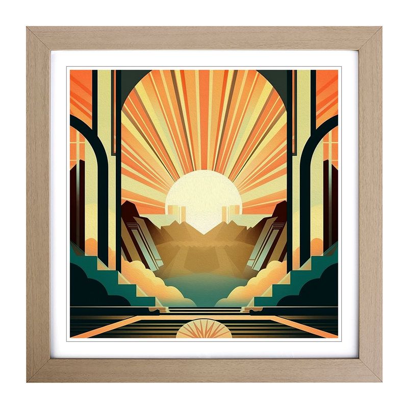 Sunrise Art Deco No.10 - Single Picture Frame Print on Wood, Oak