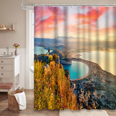 Rideau de douche avec 12 crochets Spring Beach Castle Sunrise European Coast
