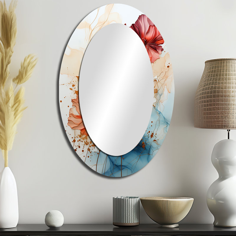 Red Teal - Fractale abstraite - miroir mural moderne ovale, 36 po x 24 po