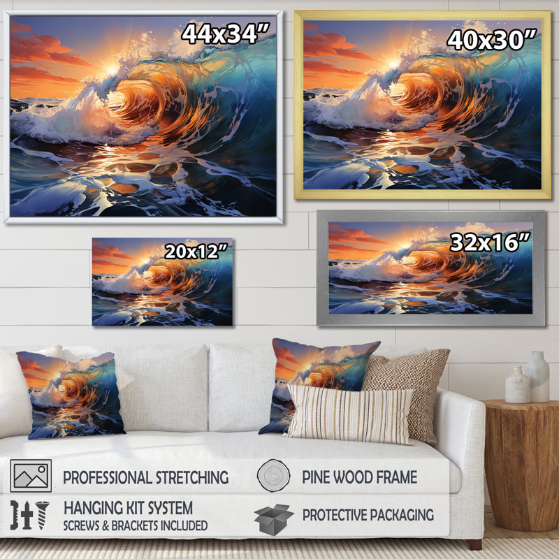 «Blue and Orange Sunrise Waves IV» - art mural vagues côtières, Cadre de coin blanc fermé, H 24 po x l 32 po x P 1 po
