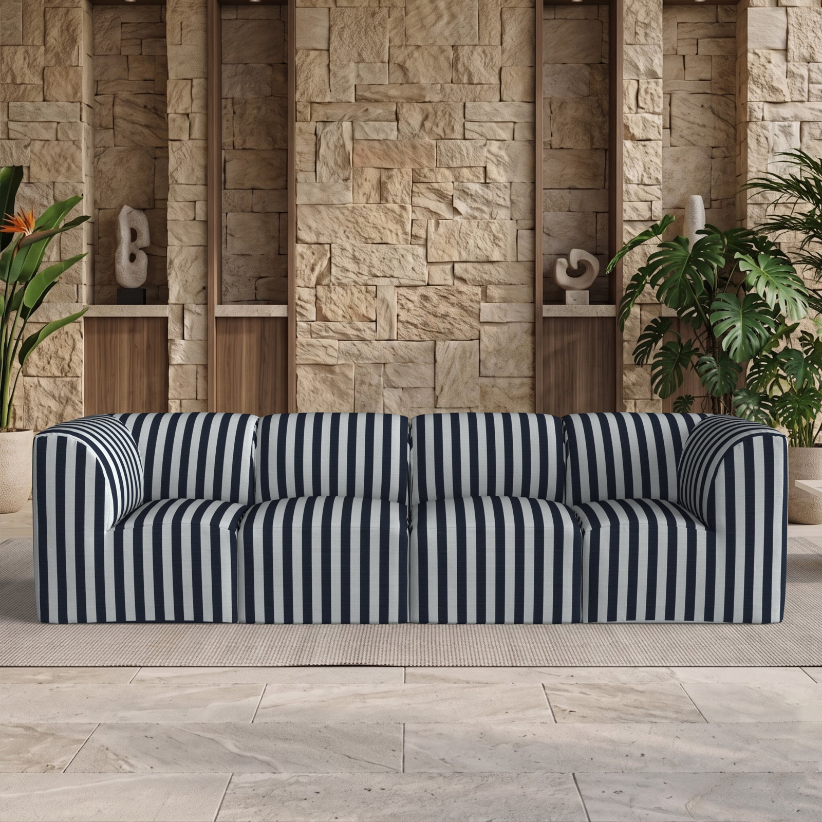 Praia 124" Sunbrella® Patio Sectional, Expressive Mist Striped Sunbrella®