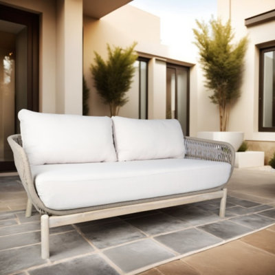 Viola Acacia Wood Rope Weaving Patio Outdoor Loveseat Sofa With Cream Cushions