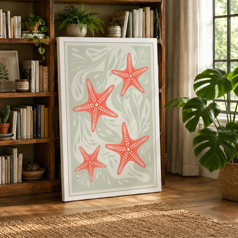 Scattered Starfish Coastal - Wrapped Canvas, 18x12 - 45.7 x 30.5 cm, Ochre Border