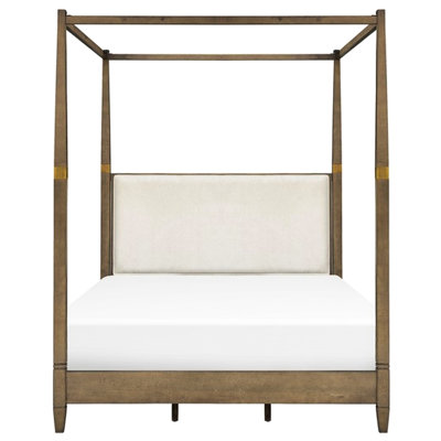 Lit à baldaquin grand lit avec finition en bois brun - Tête de lit rembourrée en contreplaqué massif et contreplaqué 100% tissu d'ameublement en placage de métal