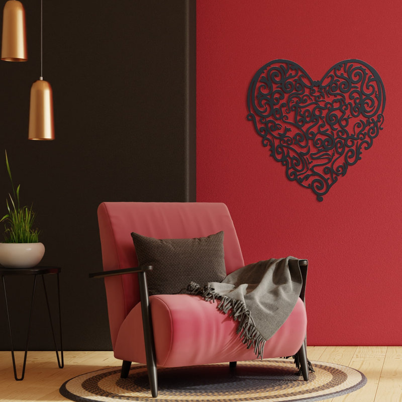 Art mural en métal avec cœurs - Motif décoratif ornemental complexe (grand, noir), Noir, H 29,5 po x l 29,5 po x P 1 po