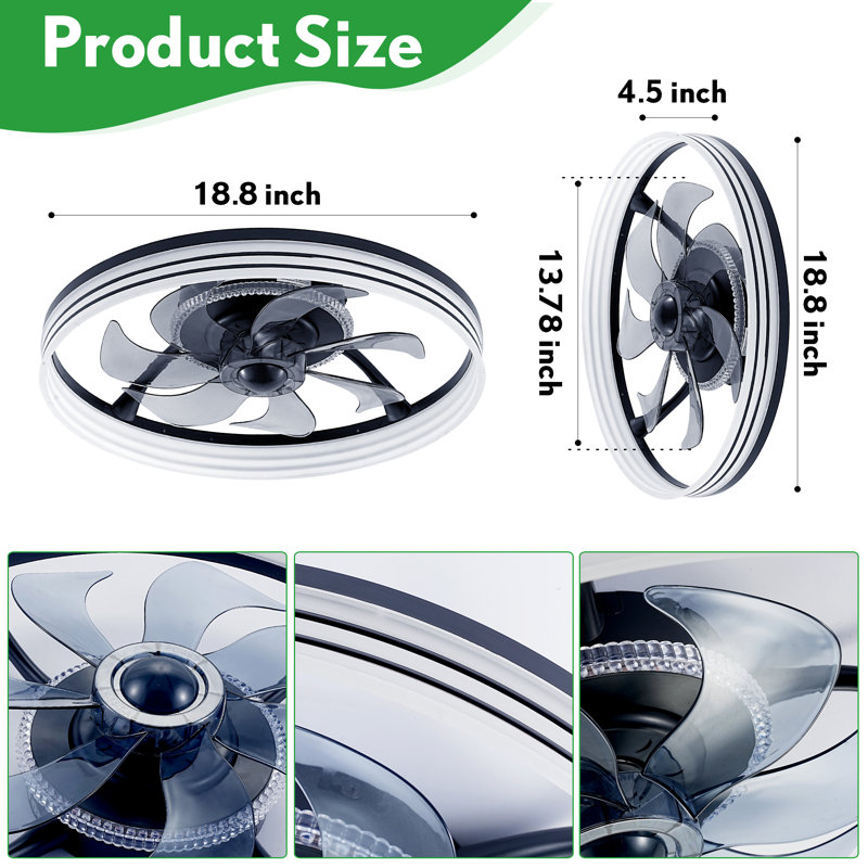 Ventilateur de plafond avec lumières RVB RVB, ventilateur de plafond à profil bas Fandelier de 19 po, intensité variable 3000K-6000K et ventilateur de plafond à DEL encastré moderne avec télécommande pour chambre à coucher