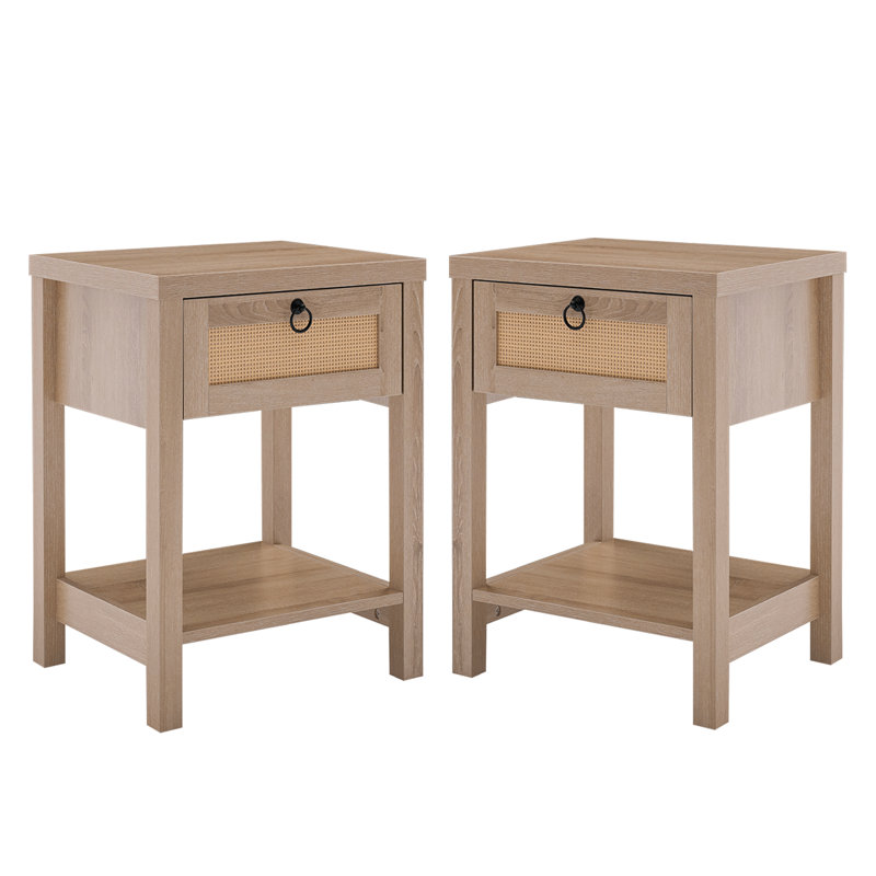 Rattan Nightstands Set Of 2, Boho Bedside Tables With Drawer And Open Shelf, Bedroom End Tables With Solid Wood Legs, Light Oak