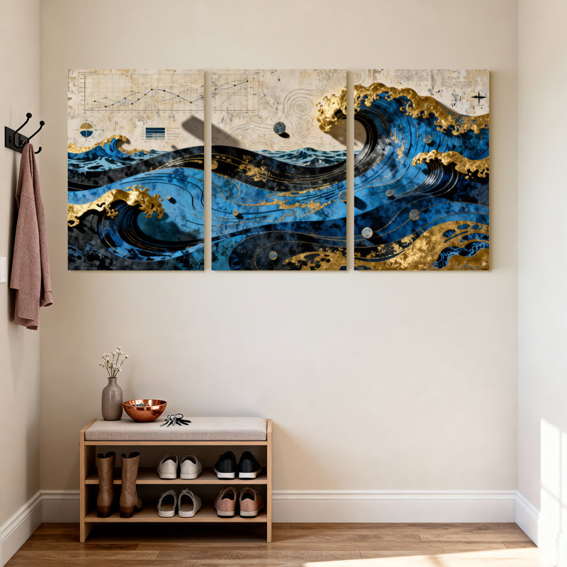 Nautique et plage, vagues de l'océan avec accents dorés et tons bleus, ensemble de 3 impressions sur toile, H 18 po x l 36 po