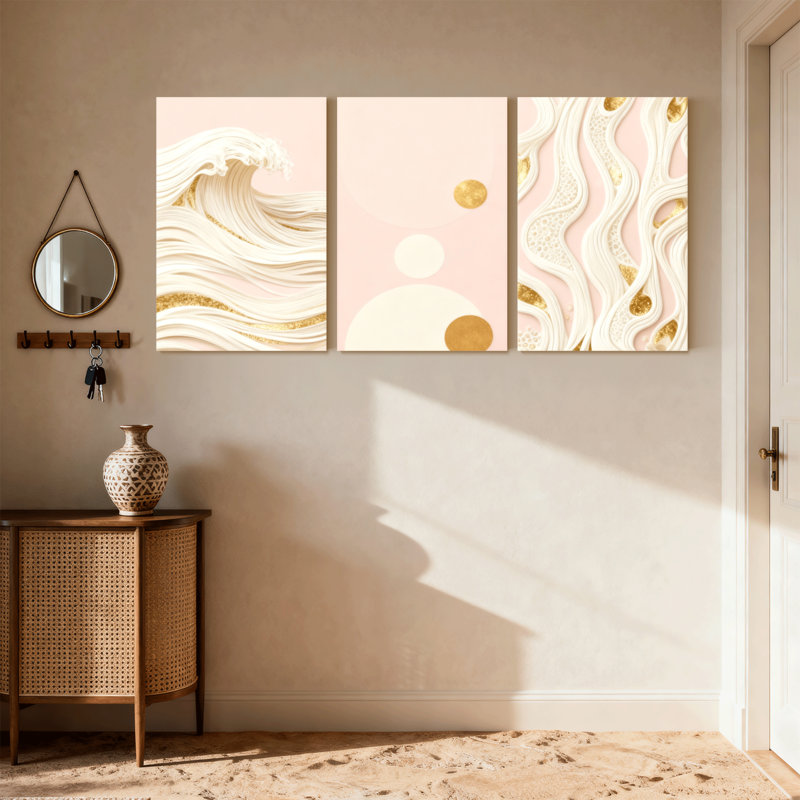 Motif de vagues abstraites avec accents dorés et cercles abstraits, ensemble de 3 impressions sur toile, H 18 po x l 36 po
