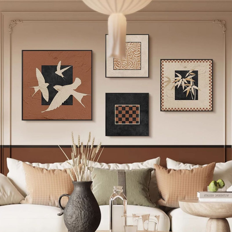 Ensemble d'art mural traditionnel carré 4 pièces, H 47,24 po x l 86,61 po, Orange / Beige / Noir