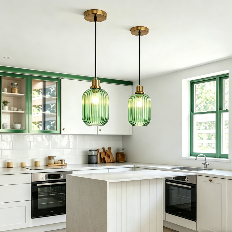Luminaire suspendu moderne avec verre vert soufflé à la main pour îlot de cuisine, finition laiton brossé, Paquet de 2