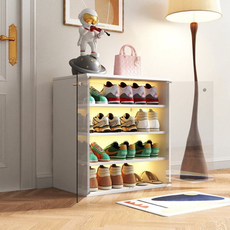 Shoe Box With RGB LED Light, Wooden Stackable Shoe Storage Box With Glass Door, Shoe Storage Bin Shoe Display Case For Sneakers (4 Tier-1)