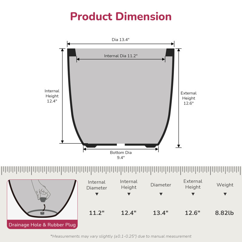 13 Inch Weather Resistant Cement Planter,Indoor & Outdoor Plant Pot With Drainage,Charcoal Gray, Charcoal Gray