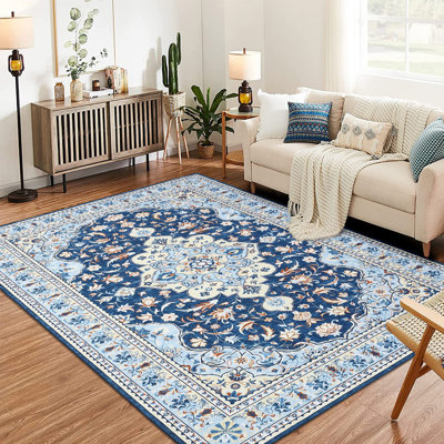 Tapis rétro vieilli 10 pi x 13 pi, tapis antidérapant antidérapant pour salon, bleu