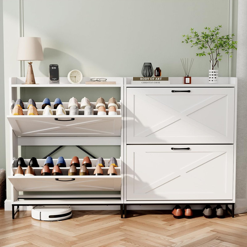 16 Pair Shoe Storage with 2 Smooth Flip Draws and Adjustable shelves，Farmhouse multi-Functional Shoe Cabinet  for Entryway, Narrow Space