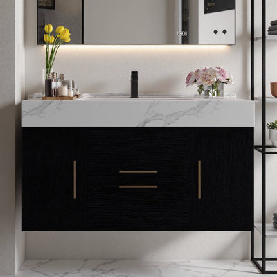 Élégant meuble-lavabo mural de 39,4 po avec lavabo en céramique, plateau en pierre frittée et rangement imperméable