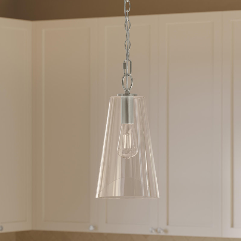 Luminaire suspendu en nickel brossé à une lumière avec abat-jour en verre transparent Jheni, Nickel brossé