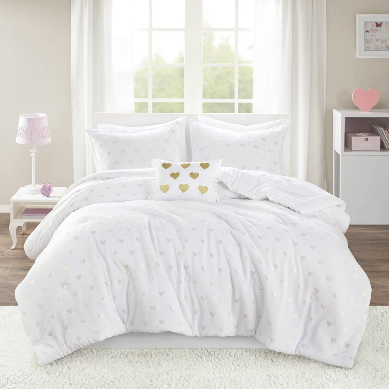 4 pièces / grand édredon doux avec imprimé métallique, 2 taies décoratives, coussin décoratif, rembourrage, - cœur, est livré dans un emballage compressé
