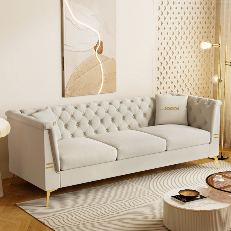 Crème moderne 3 places blanc avec 2 coussins, rembourrage en mousse haute densité, accents métalliques dorés, velours de coussins amovibles, dossier profond, côté garni, doux pour les appartements