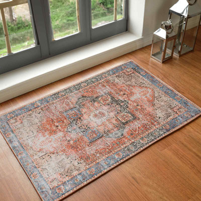 Machine Washable Traditionnal Boho Brown Tan Ivory Area Rug