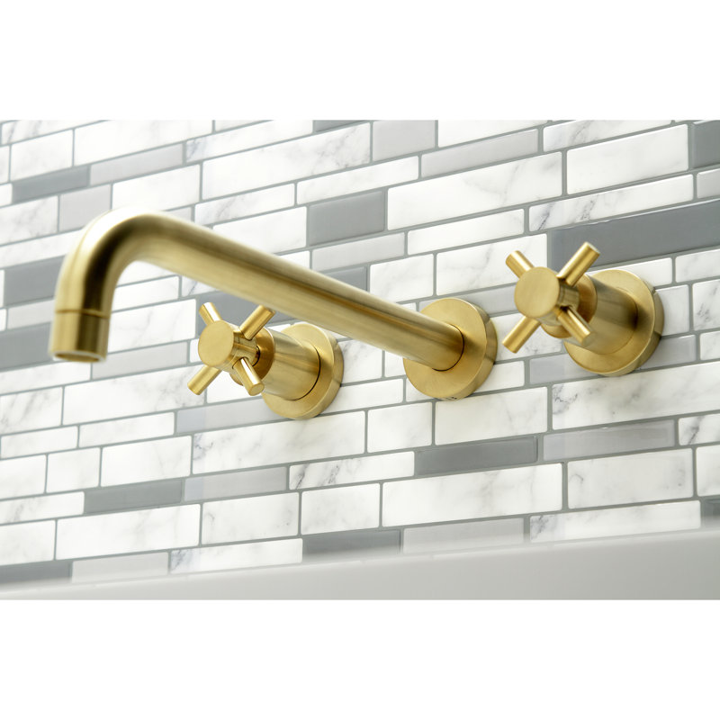 Kingston Brass Concord Two-Handle 3-Hole Wall Mount Roman Tub Faucet, Brushed Brass, Cross Handle