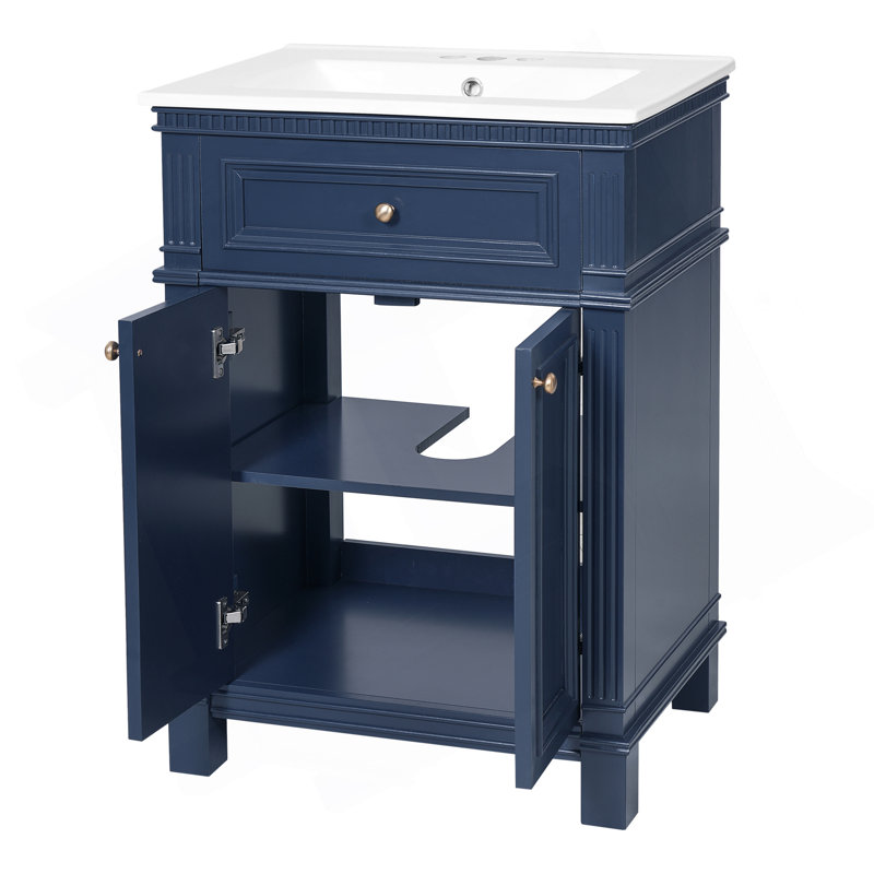 Armoire de salle de bain 24 po avec portes à fermeture douce et tablette réglable, meuble-lavabo avec lavabo en céramique
