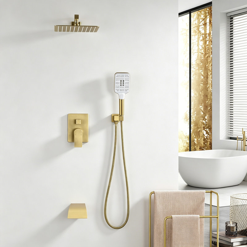 10-Inch Square Rain Shower System With 3-Function Handheld Shower And 4.72" Waterfall Tub Spout, Brushed Gold