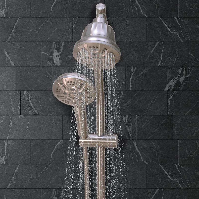 Ensemble de pomme de douche filtrée et douchette à main avec barre coulissante réglable sans perceuse de 21 po, Nickel satiné