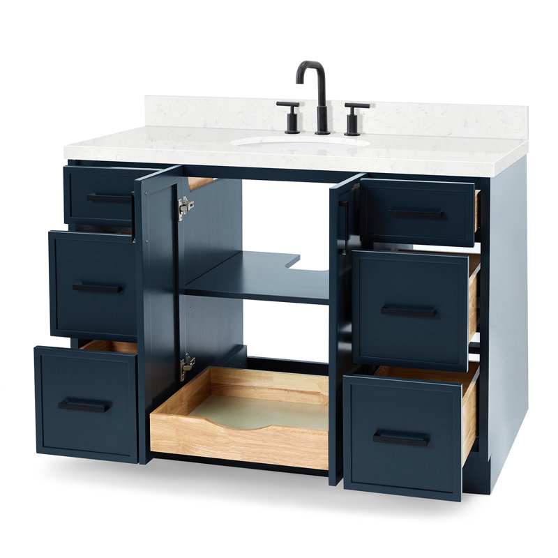 ARIEL Kellie Single Sink Bathroom Vanity with Carrara Quartz Top, Midnight Blue, 48"