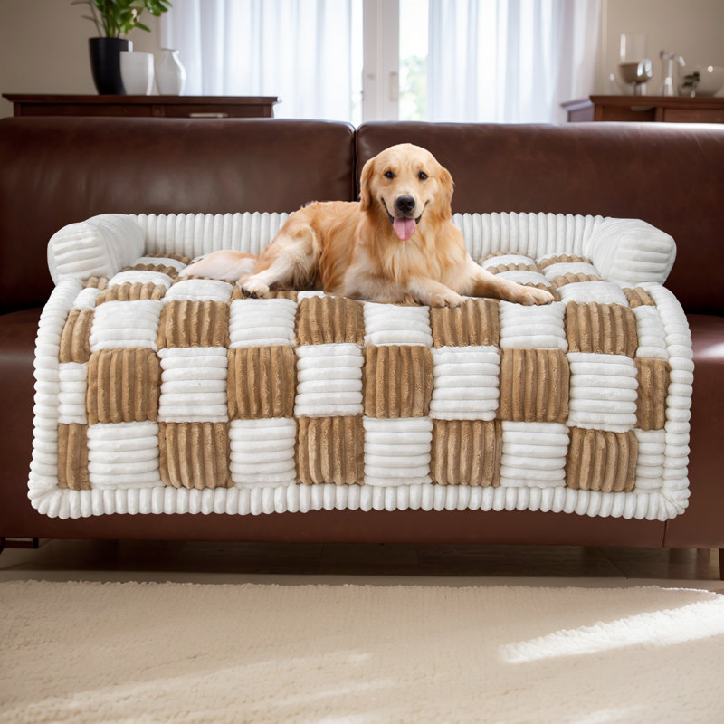 Coussin pour chien en peluche à carreaux, coussin de canapé antidérapant pour chien et protecteur de meubles, Kaki pâle