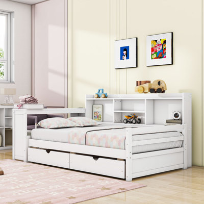 Twin Two Drawers Wooden Daybed with Desk, Charging Port and Shelves