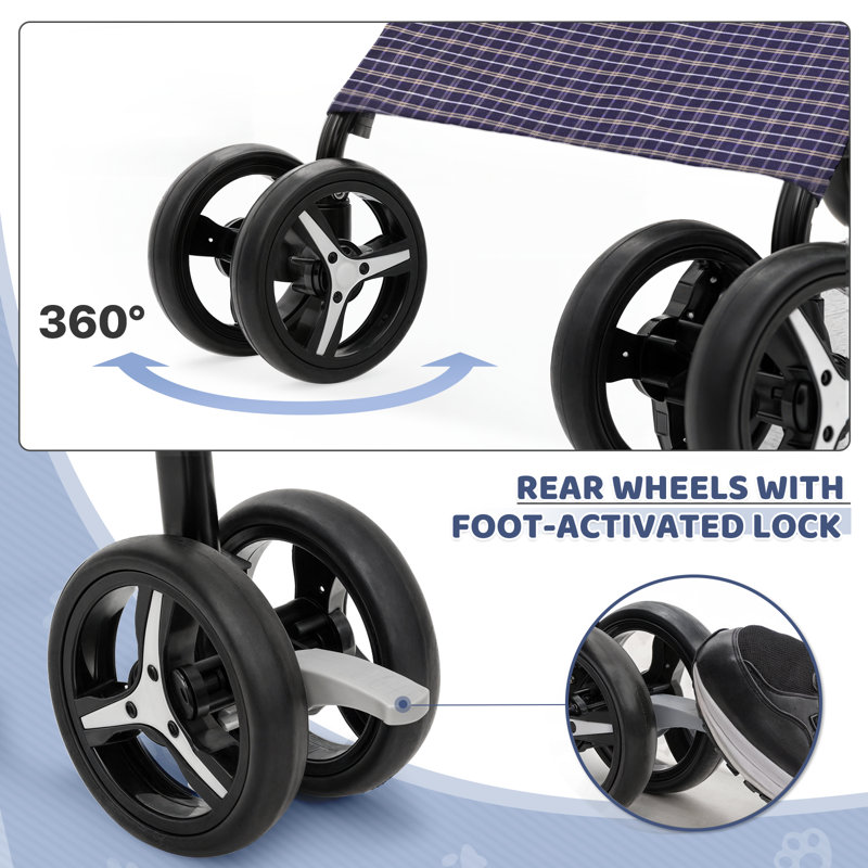 Plaid Steel Frame Foldable Pet Stroller with Rubber Wheels