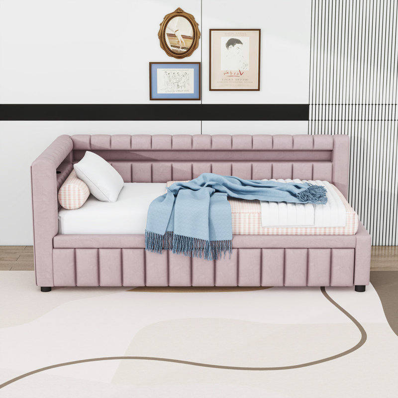 Lit de jour simple TG rembourré avec ports USB, éclairage DEL et lit gigogne, Pink